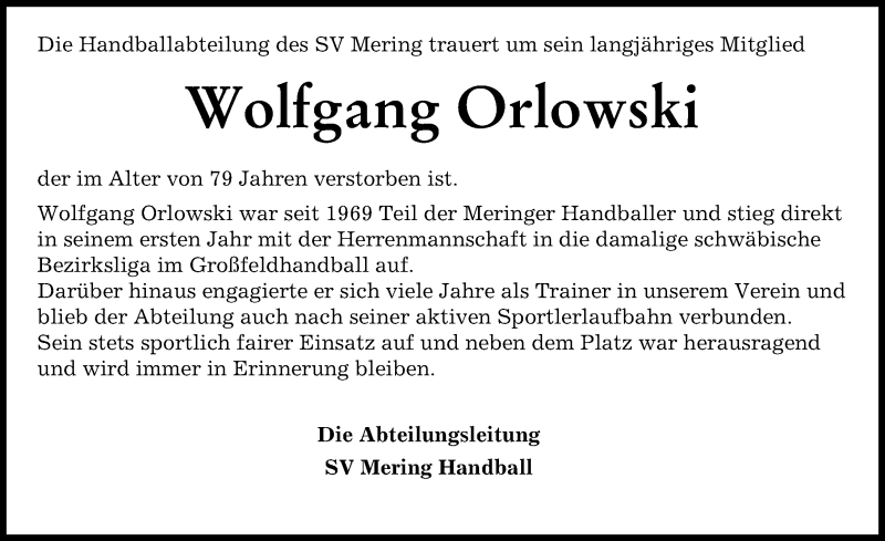 Traueranzeige von Wolfgang Orlowski von Friedberger Allgemeine