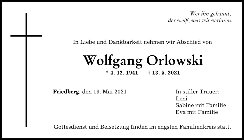 Traueranzeige von Wolfgang Orlowski von Friedberger Allgemeine, Augsburger Allgemeine