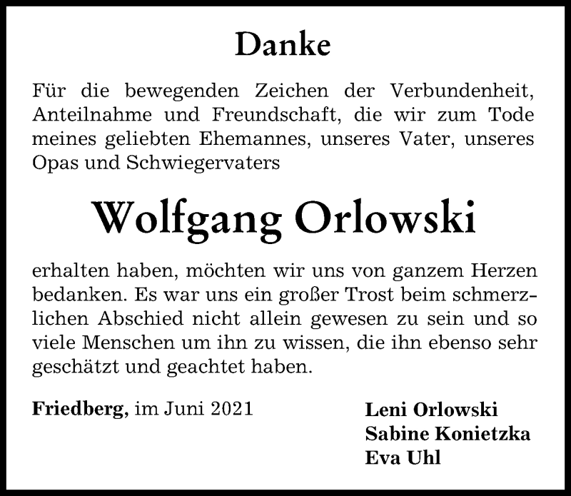 Traueranzeige von Wolfgang Orlowski von Friedberger Allgemeine