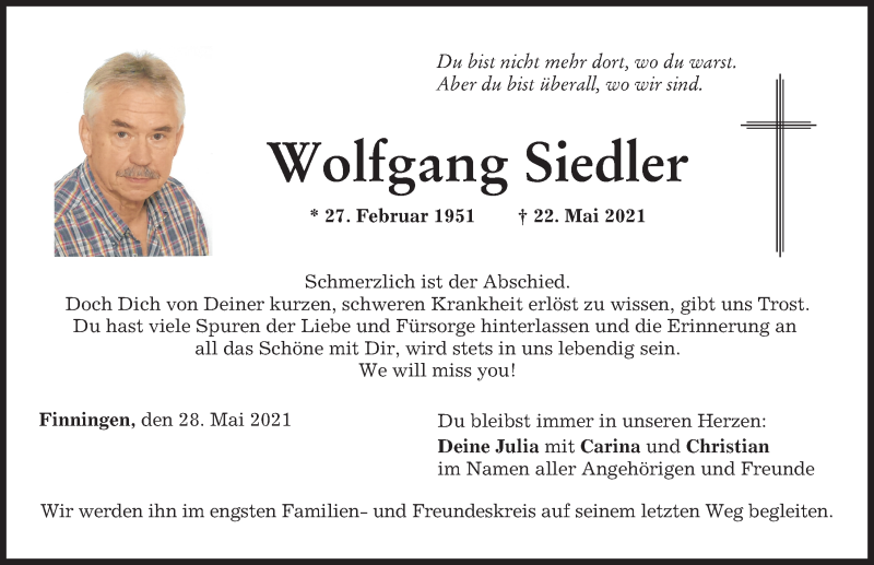 Traueranzeige von Wolfgang Siedler von Donau Zeitung