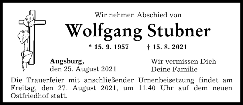 Traueranzeige von Wolfgang Stubner von Augsburger Allgemeine