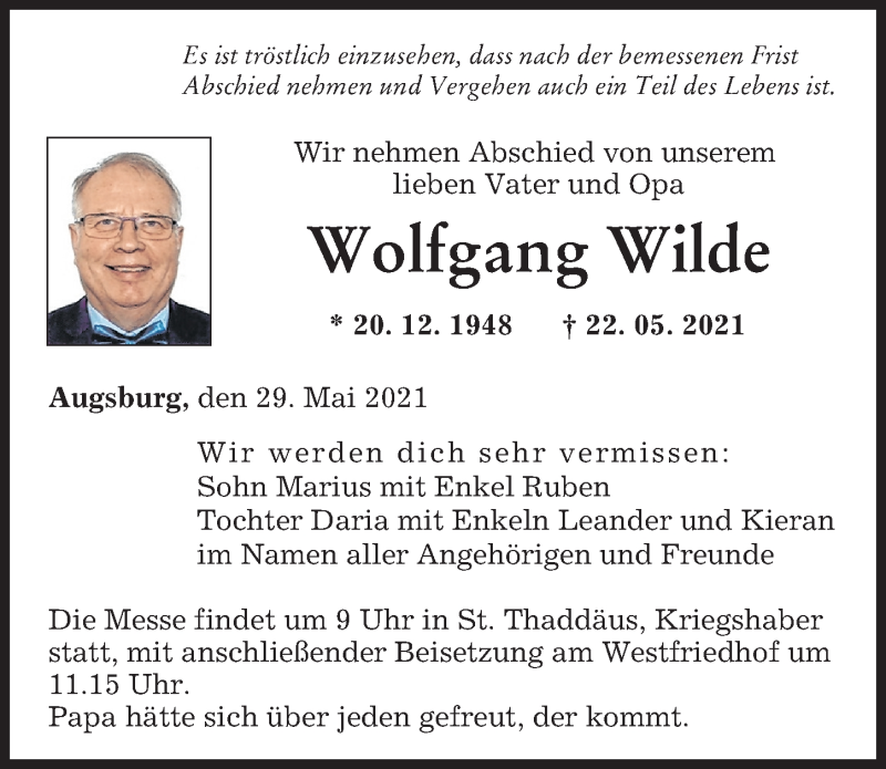 Traueranzeige von Wolfgang Wilde von Augsburger Allgemeine