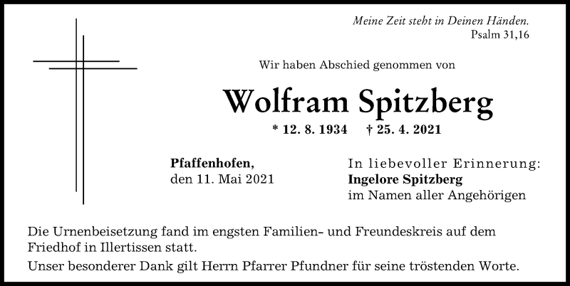 Traueranzeige von Wolfram Spitzberg von Neu-Ulmer Zeitung