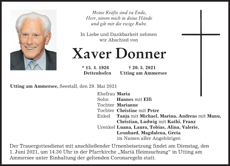 Traueranzeige von Xaver Donner von Landsberger Tagblatt