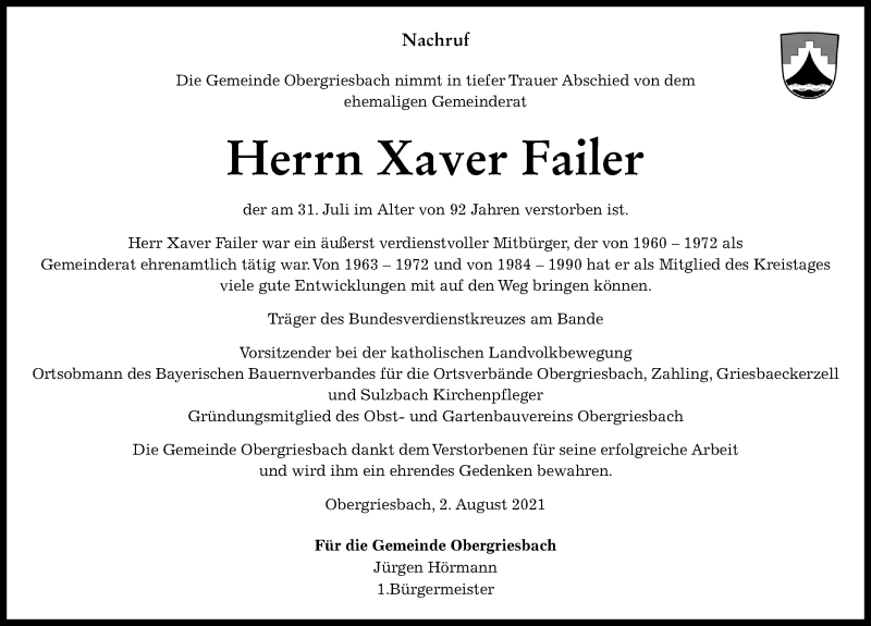 Traueranzeige von Xaver Failer von Aichacher Nachrichten