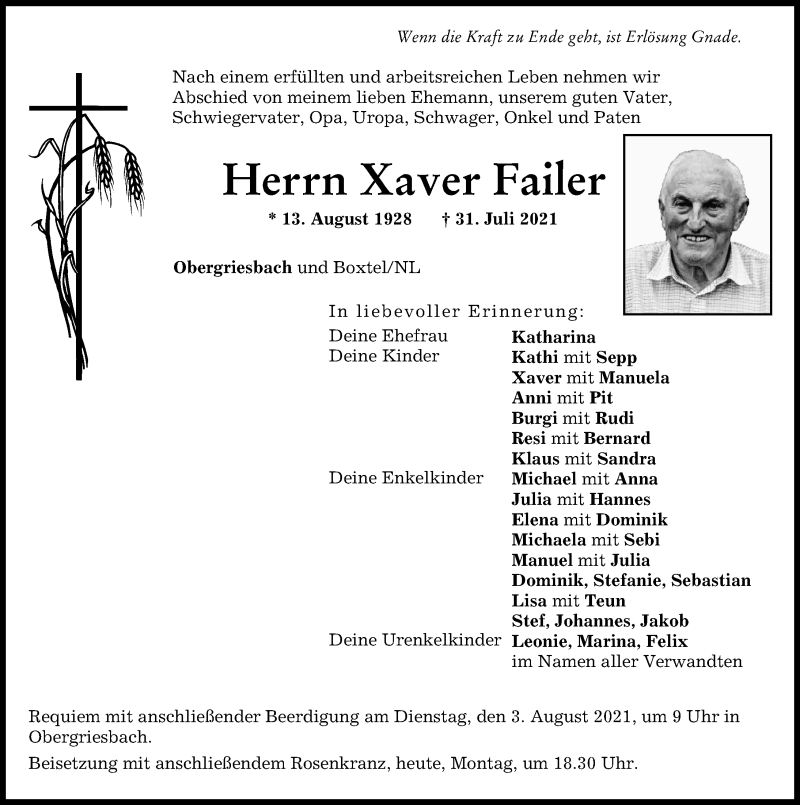 Traueranzeige von Xaver Failer von Friedberger Allgemeine, Aichacher Nachrichten