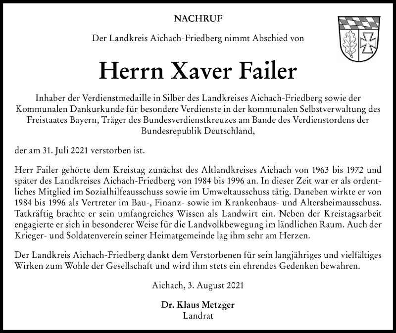 Traueranzeige von Xaver Failer von Aichacher Nachrichten, Friedberger Allgemeine