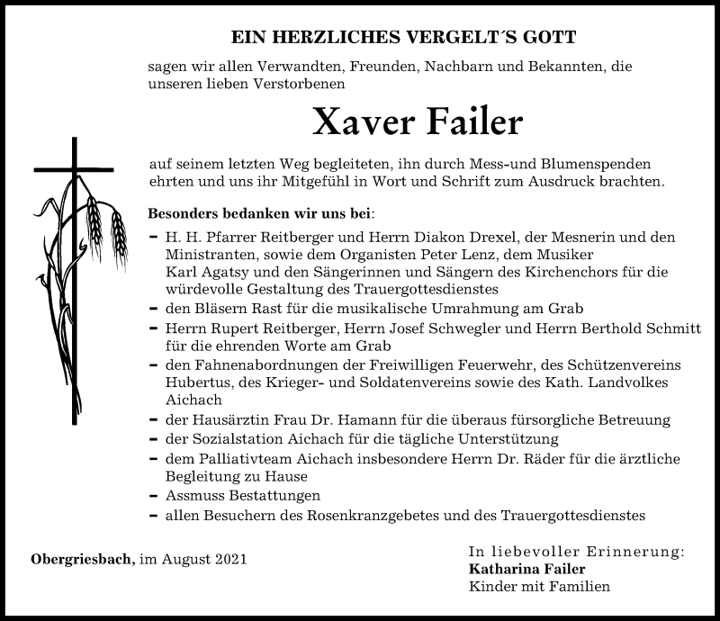 Traueranzeige von Xaver Failer von Aichacher Nachrichten