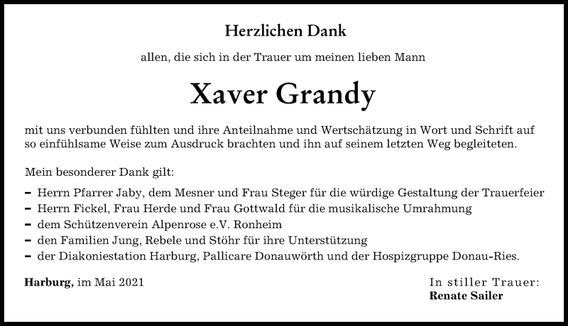 Traueranzeige von Xaver Grandy von Donauwörther Zeitung