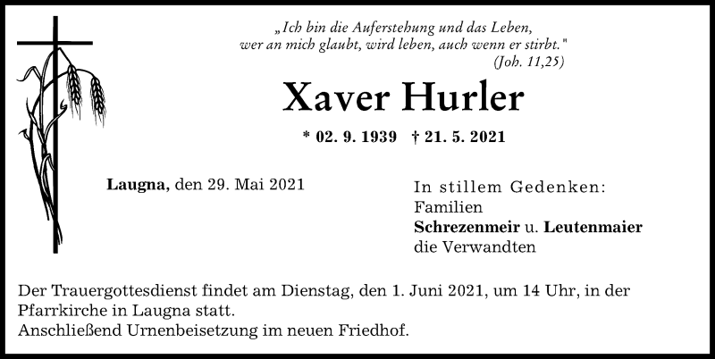 Traueranzeige von Xaver Hurler von Wertinger Zeitung