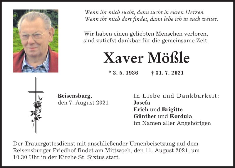 Traueranzeige von Xaver Mößle von Günzburger Zeitung