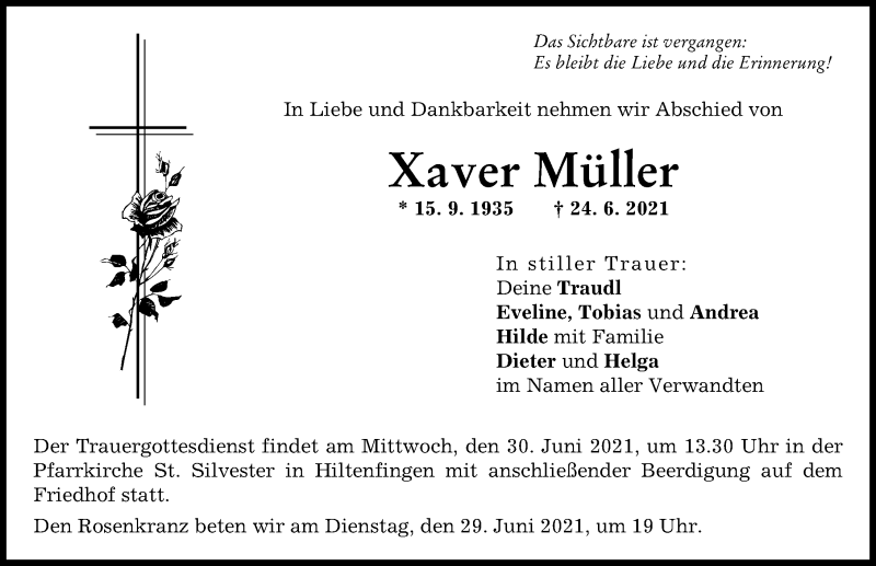 Traueranzeige von Xaver Müller von Schwabmünchner Allgemeine