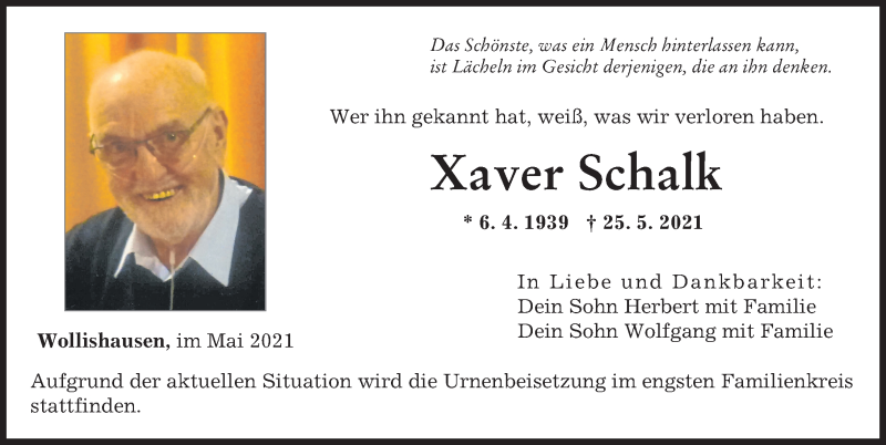 Traueranzeige von Xaver Schalk von Augsburger Allgemeine