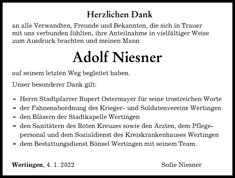 Traueranzeige von Adolf Niesner von Wertinger Zeitung