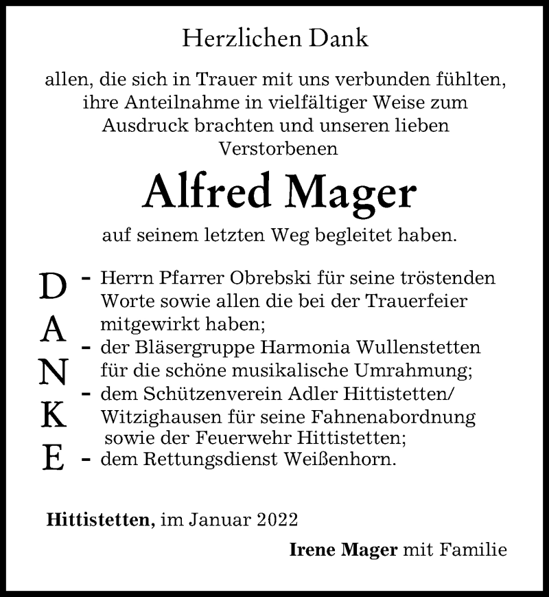 Traueranzeige von Alfred Mager von Neu-Ulmer Zeitung