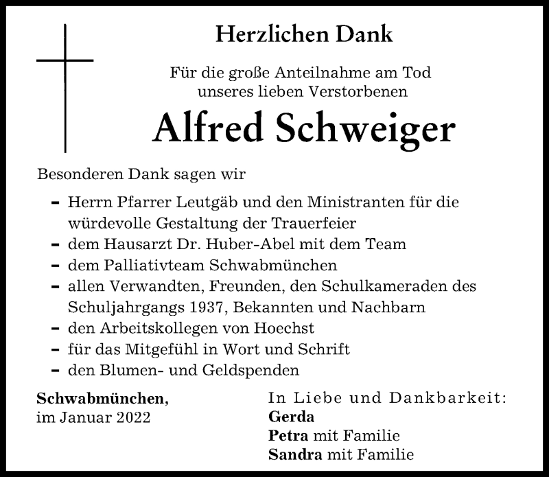 Traueranzeige von Alfred Schweiger von Schwabmünchner Allgemeine