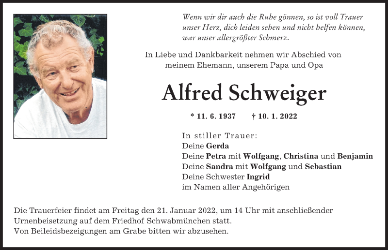 Traueranzeige von Alfred Schweiger von Schwabmünchner Allgemeine