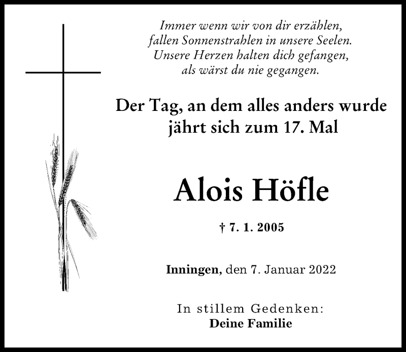 Traueranzeige von Alois Höfle von Augsburger Allgemeine