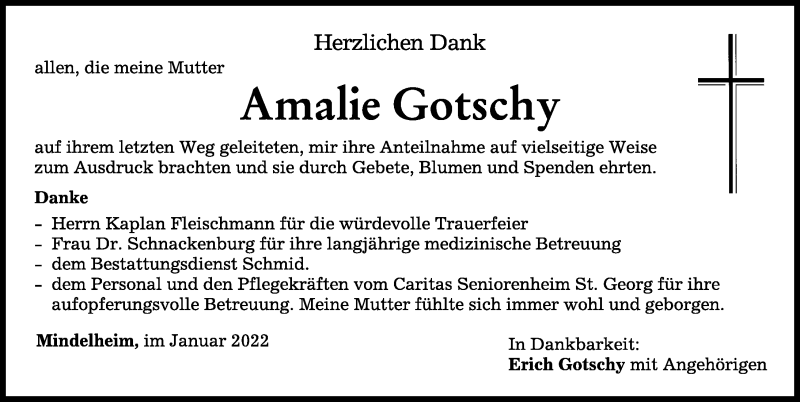 Traueranzeige von Amalie Gotschy von Mindelheimer Zeitung