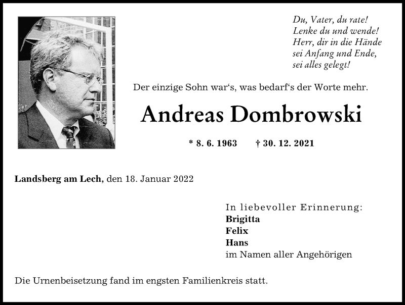  Traueranzeige für Andreas Dombrowski vom 18.01.2022 aus Landsberger Tagblatt