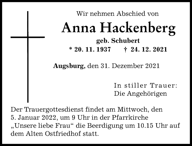 Traueranzeige von Anna Hackenberg von Augsburger Allgemeine