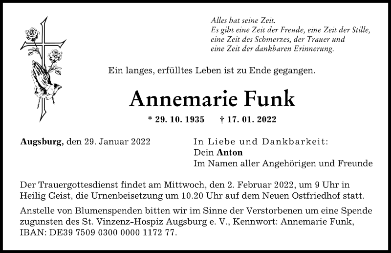 Traueranzeige von Annemarie Funk von Augsburger Allgemeine