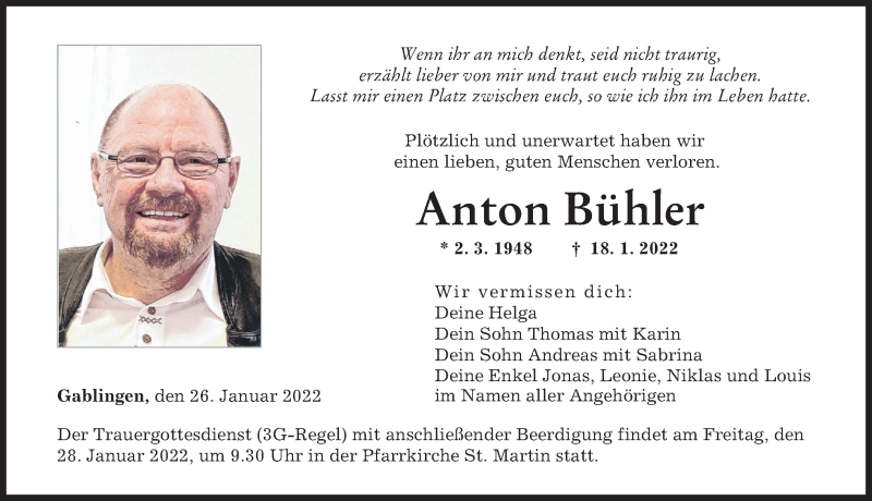 Traueranzeigen Von Anton B Hler Augsburger Allgemeine Zeitung