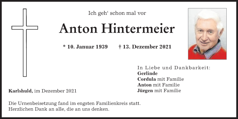 Traueranzeige von Anton Hintermeier von Neuburger Rundschau