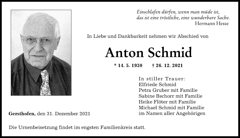 Traueranzeige von Anton Schmid von Augsburger Allgemeine