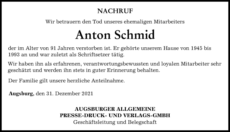 Traueranzeige von Anton Schmid von Augsburger Allgemeine