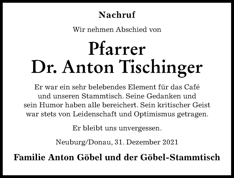 Traueranzeige von Anton Tischinger von Neuburger Rundschau