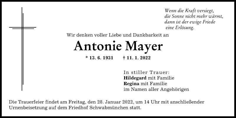 Traueranzeige von Antonie Mayer von Schwabmünchner Allgemeine