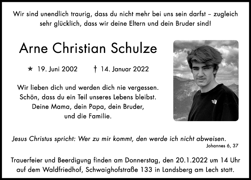  Traueranzeige für Arne Christian Schulze vom 18.01.2022 aus Donau Zeitung, Landsberger Tagblatt