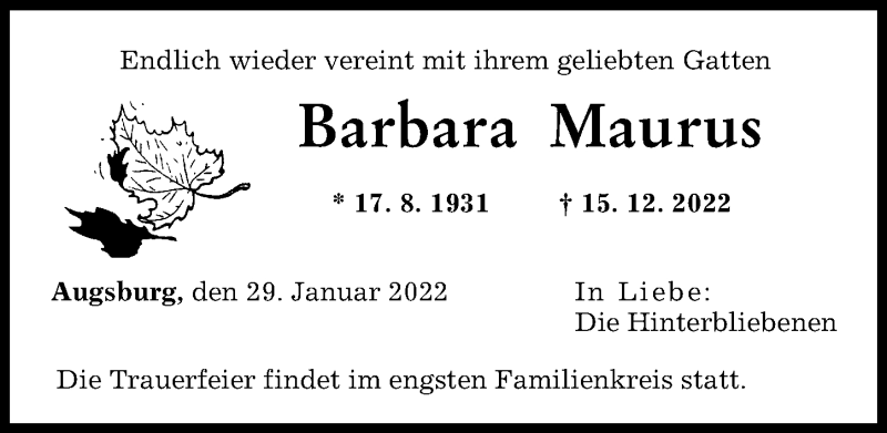 Traueranzeige von Barbara Maurus von Augsburger Allgemeine