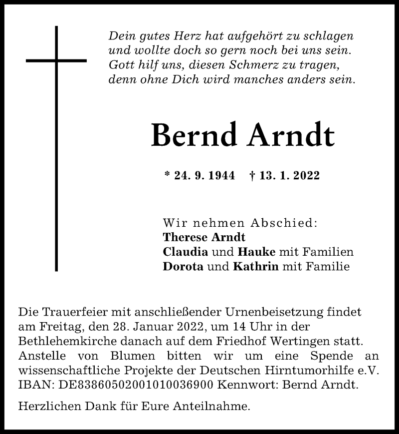 Traueranzeige von Bernd Arndt von Wertinger Zeitung, Donau Zeitung