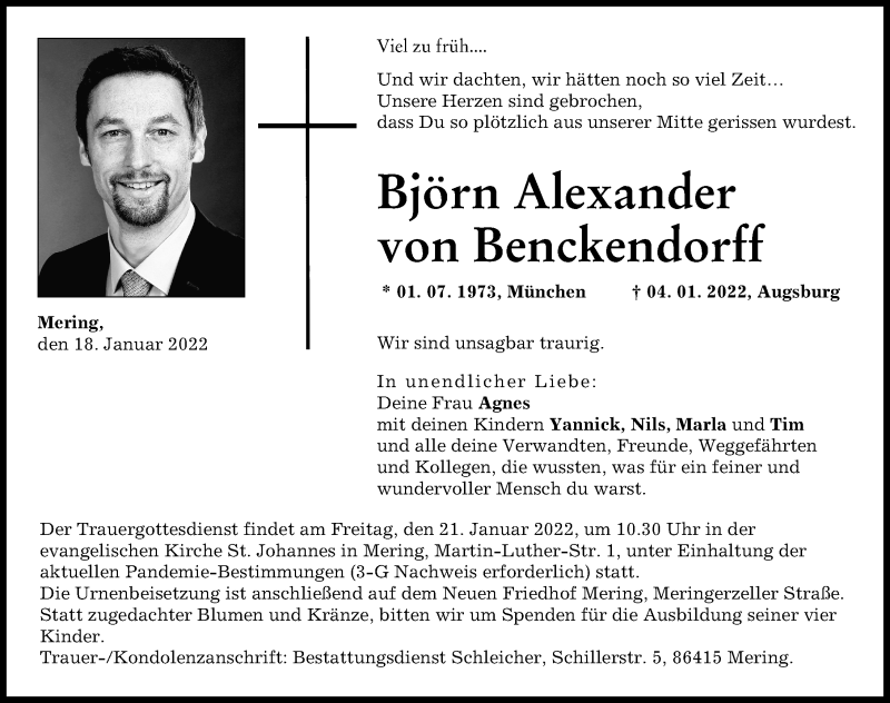  Traueranzeige für Björn Alexander von Benckendorff vom 18.01.2022 aus Friedberger Allgemeine