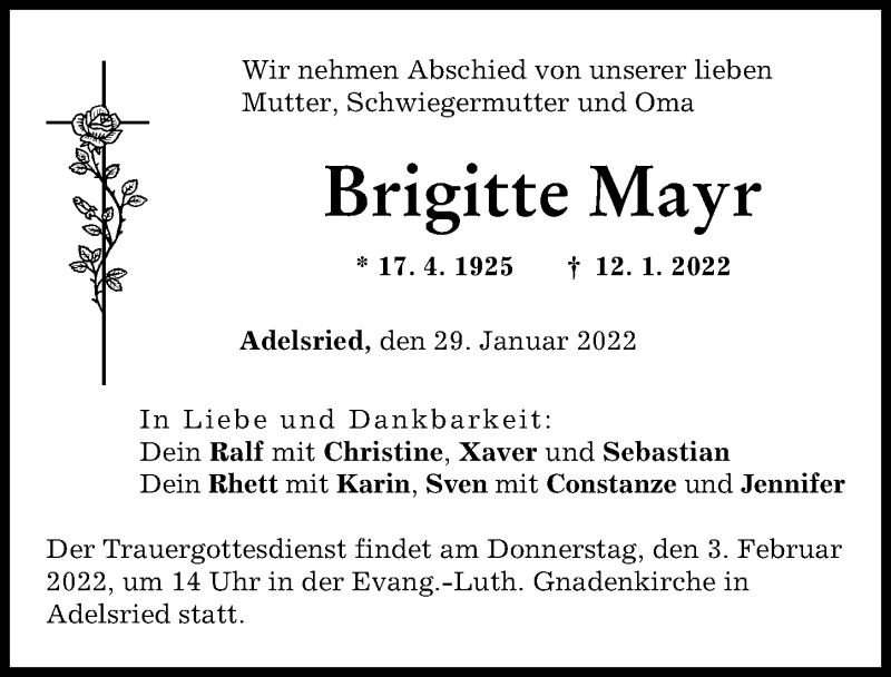 Traueranzeige von Brigitte Mayr von Augsburg-Land