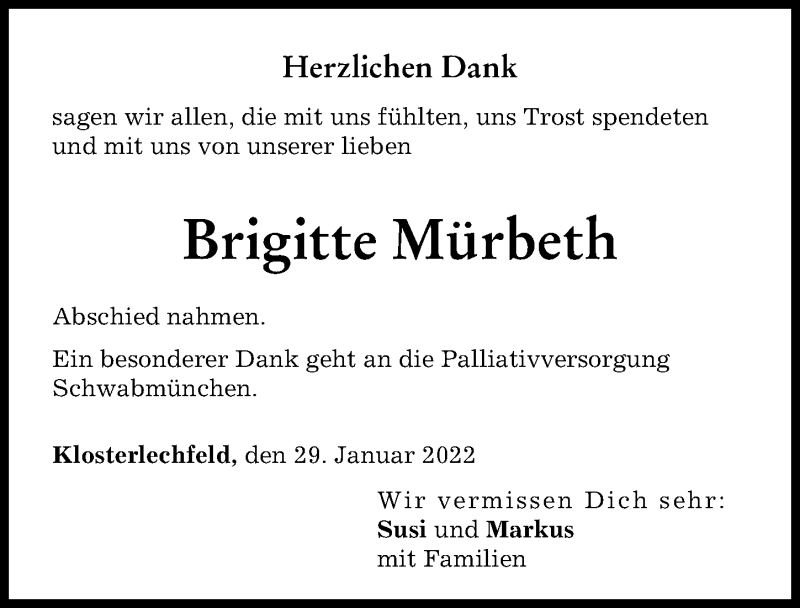 Traueranzeige von Brigitte Mürbeth von Schwabmünchner Allgemeine