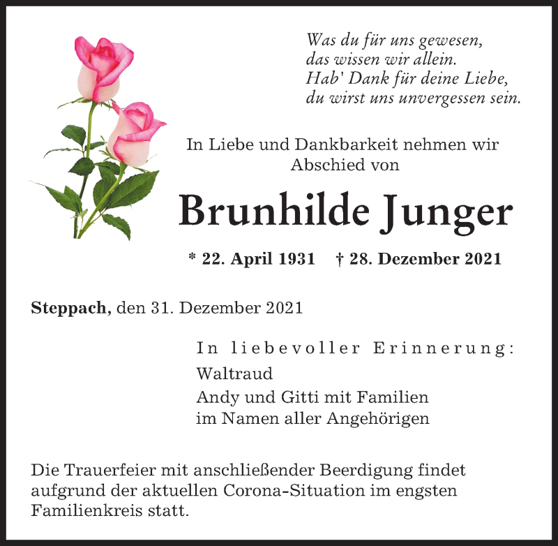 Traueranzeige von Brunhilde Junger von Augsburger Allgemeine