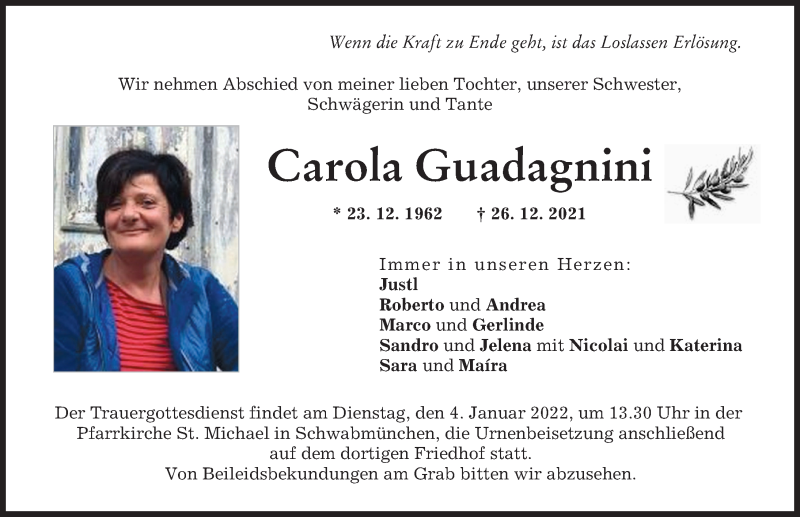 Traueranzeige von Carola Guadagnini von Schwabmünchner Allgemeine