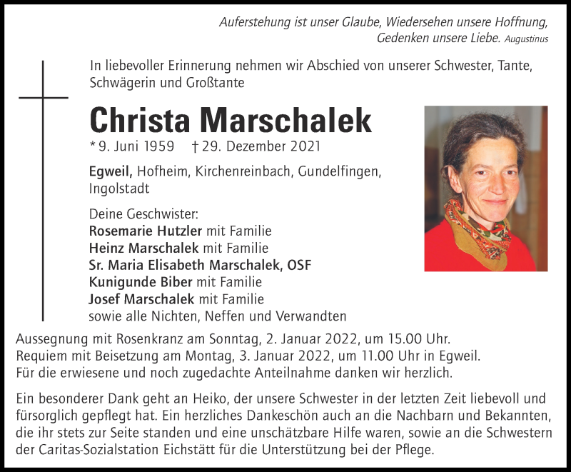 Traueranzeige von Christa Marschalek von Neuburger Rundschau