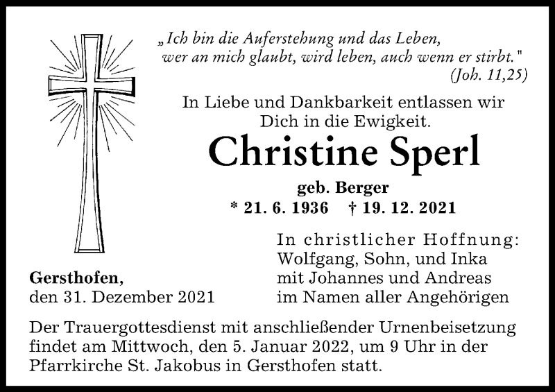 Traueranzeige von Christine Sperl von Augsburger Allgemeine