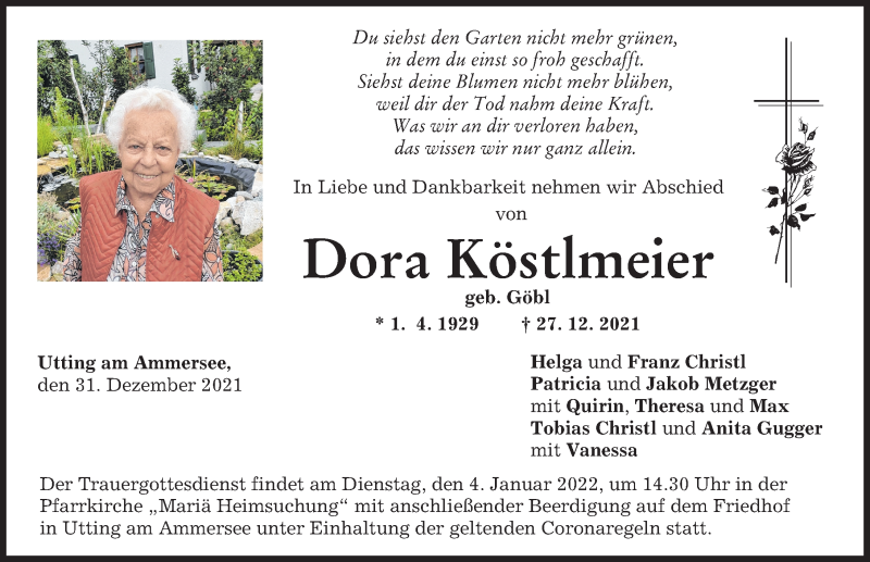 Traueranzeige von Dora Kostimeier von Landsberger Tagblatt