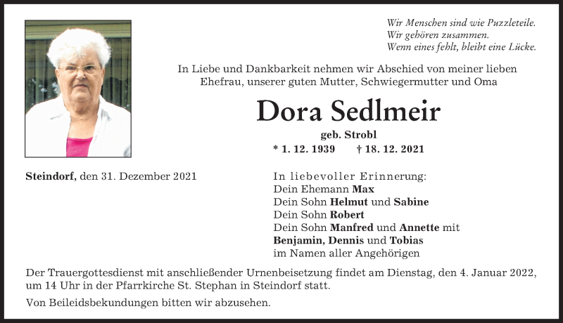 Traueranzeige von Dora Sedlmeir von Friedberger Allgemeine