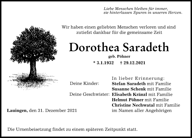 Traueranzeige von Dorothea Saradeth von Donau Zeitung