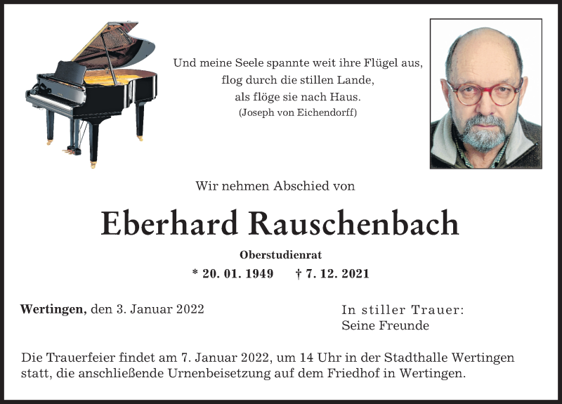 Traueranzeige von Eberhard Rauschenbach von Wertinger Zeitung