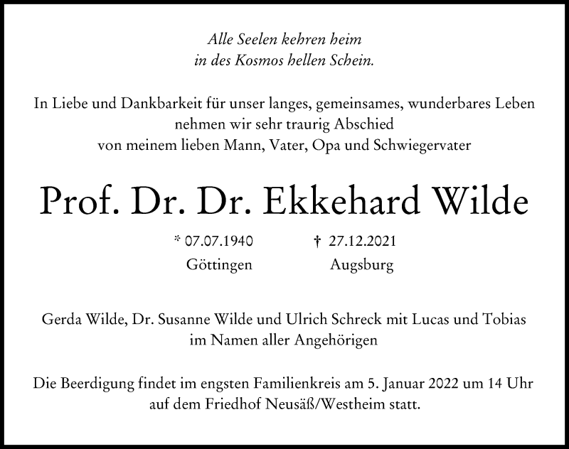 Traueranzeige von Ekkehard Wilde von Augsburger Allgemeine