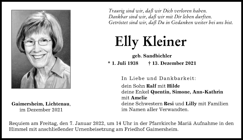 Traueranzeige von Elly Kleiner von Neuburger Rundschau