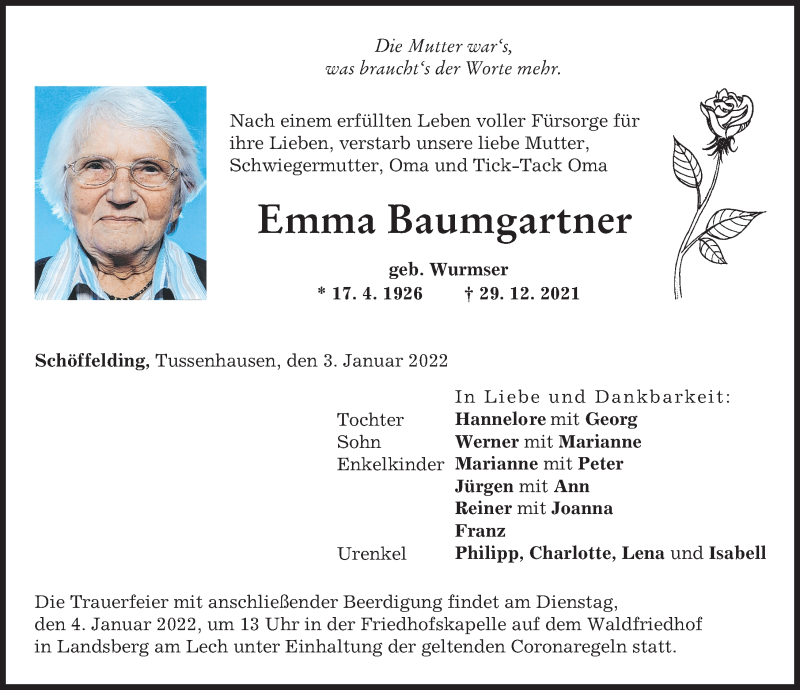Traueranzeigen Von Emma Baumgartner Augsburger Allgemeine Zeitung