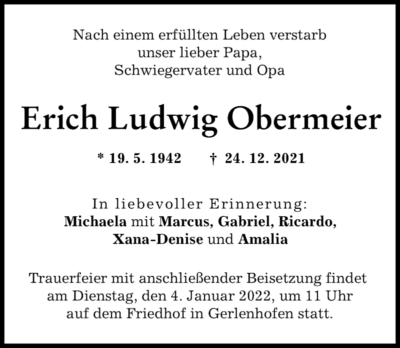 Traueranzeige von Erich Ludwig Obermeier von Neu-Ulmer Zeitung